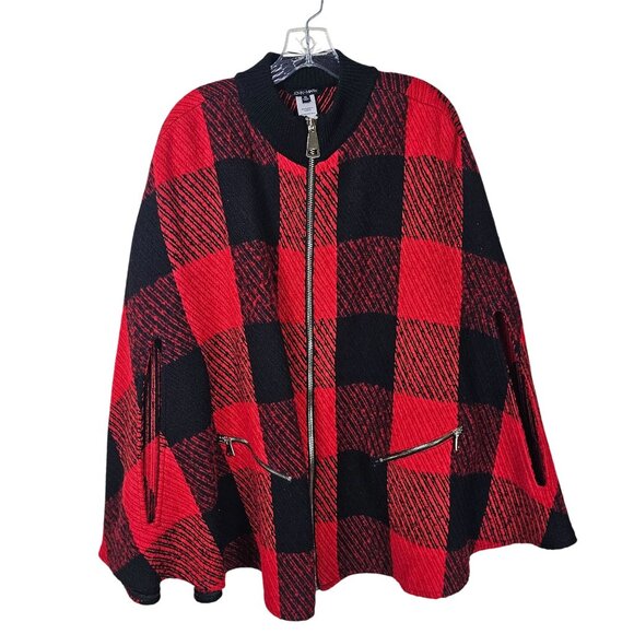 John Mark Red Buffalo Plaid Wool Blend Cape Poncho XL Zipper Pockets Arm Slits - Picture 1 of 8